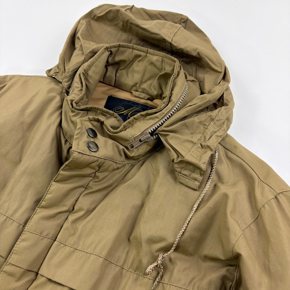 Montgomery Ward Distinctive Outerwear Puffer Jacket Mens L Tan Hooded Vintage